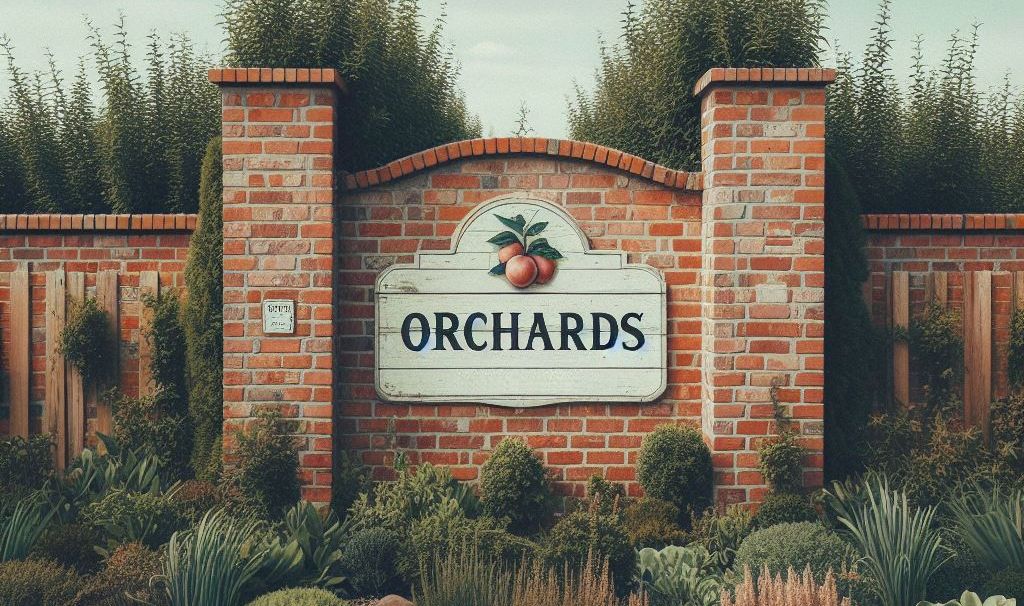 Signage for the Orchards neighborhood in Bakersfield.
