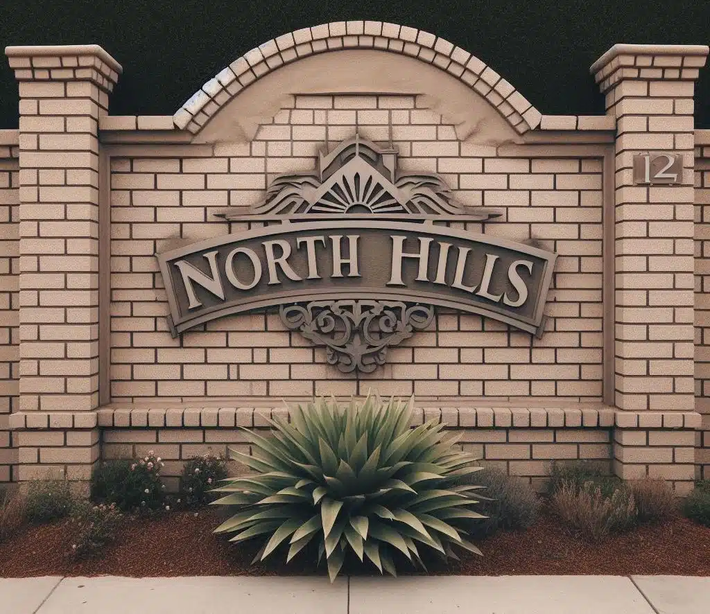 Signage for the North Hills neighborhood in Bakersfield.