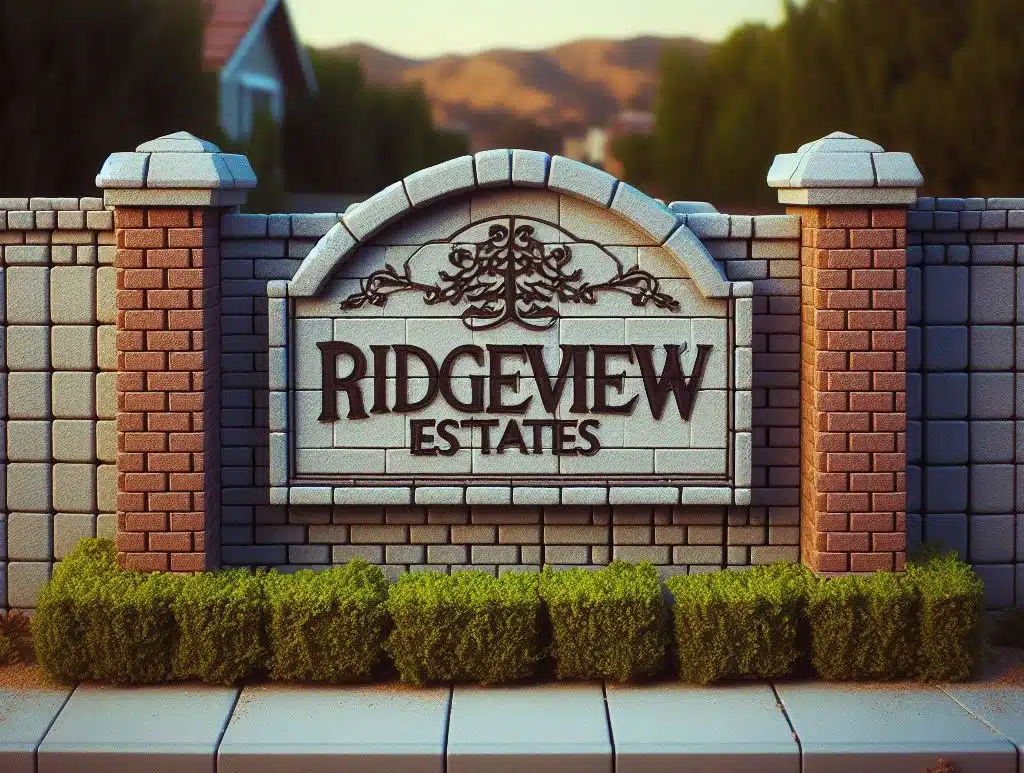 Signage for the Ridgeview Estates neighborhood in Bakersfield.